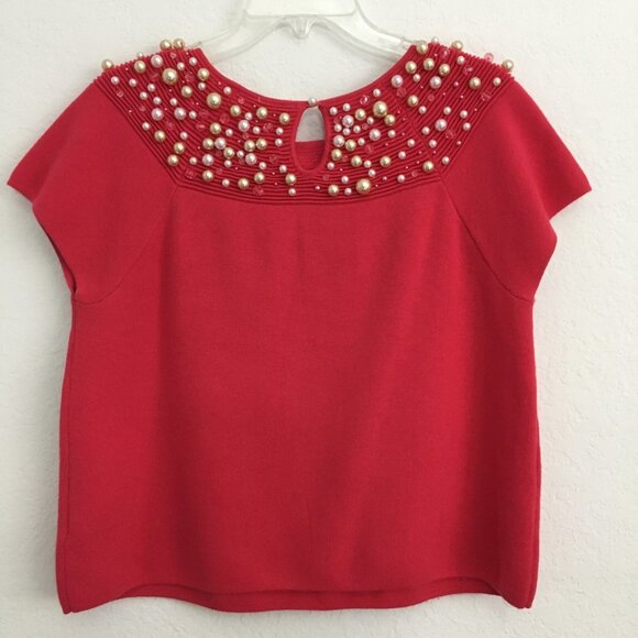 Anthropologie Moth Brienne Pearl Sweater Cap Sleeves Size XS-M Pink/Red - Picture 11 of 15